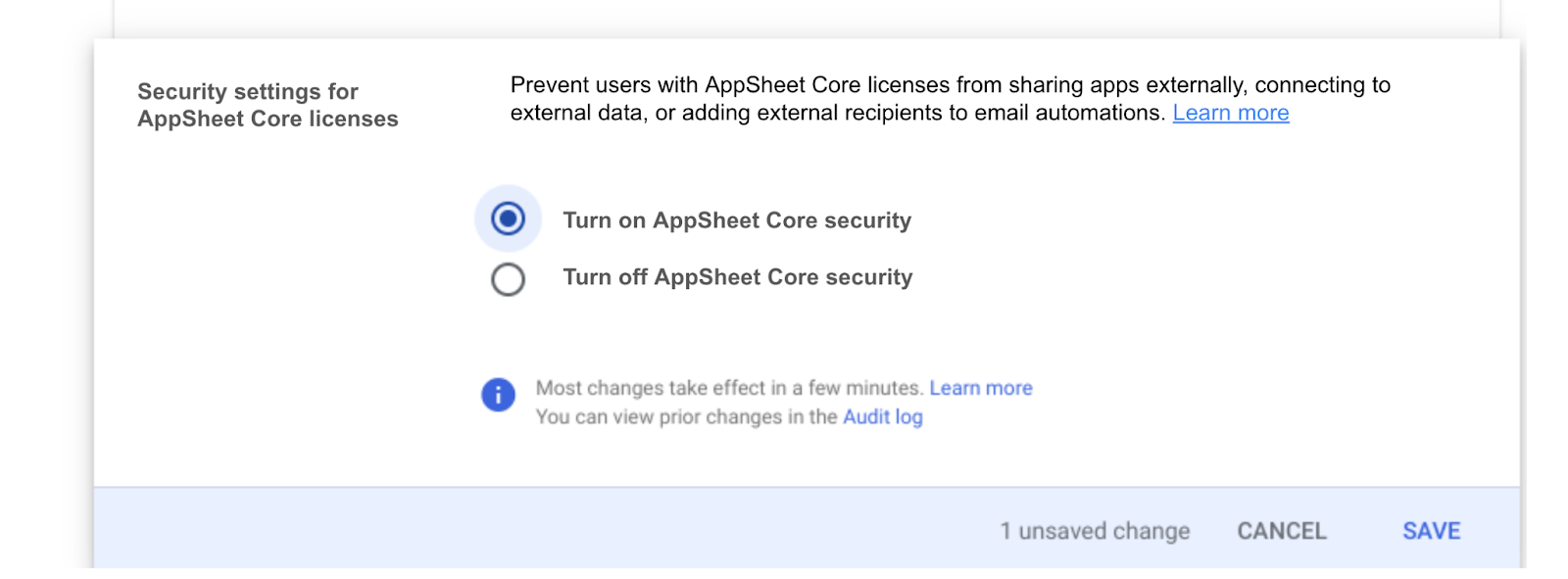 AppSheet security setting admins