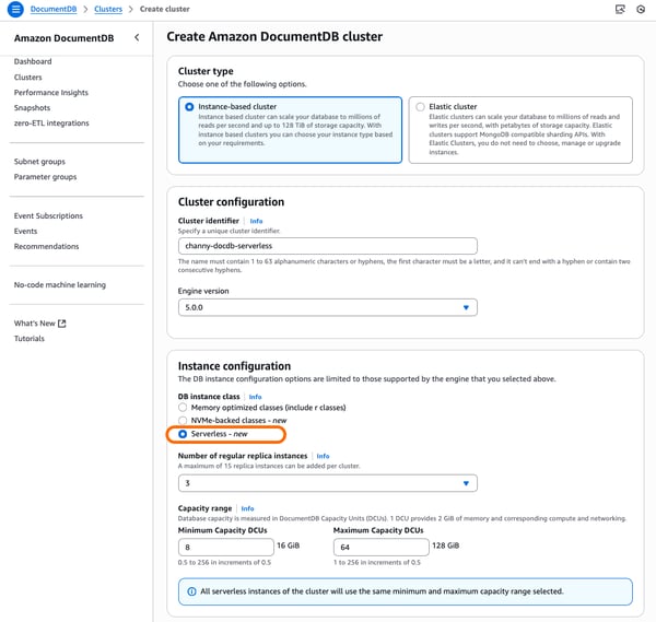 A screenshot of DocumentDB instance configuration