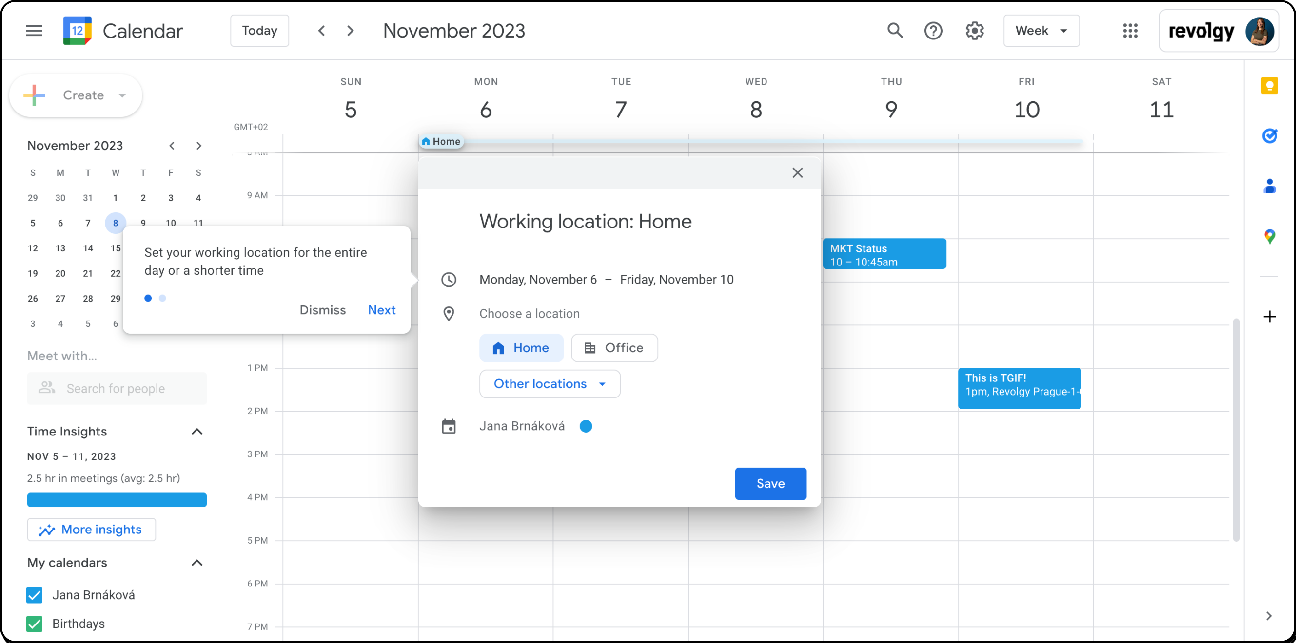 Google Calendar set working locations