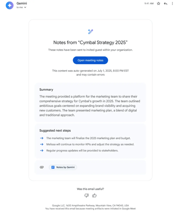 Screenshot of Google Meet's AI notes