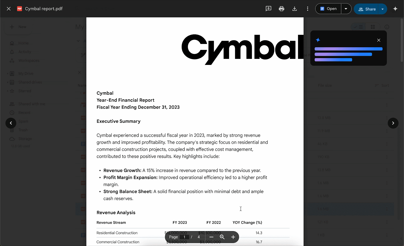 An example of Google Drive summary cards for PDFs