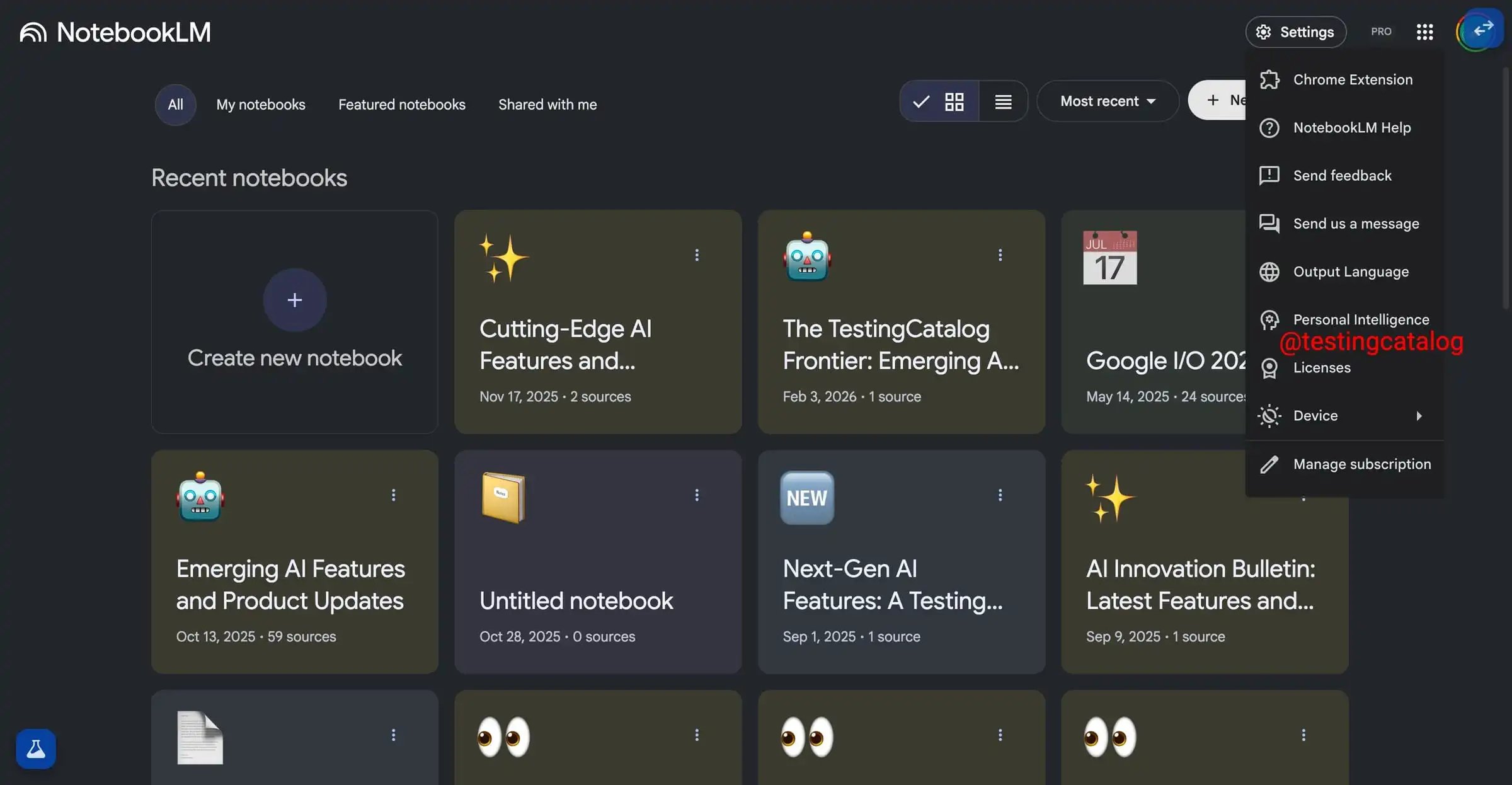 NotebookLM dashboard
