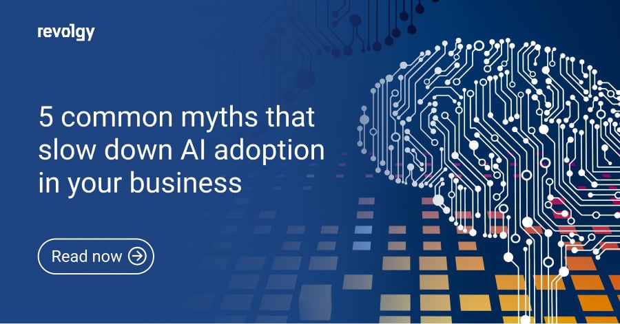 5 common myths that slow down AI adoption in your business on blue background