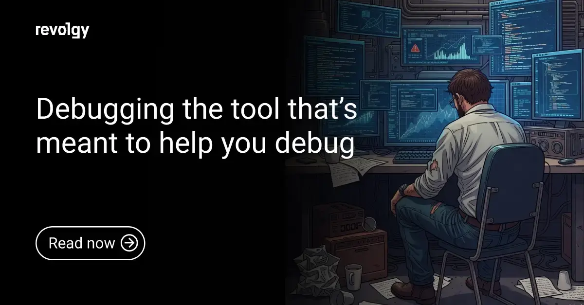 An illustration of a tired and sad engineer debugging a debug tool