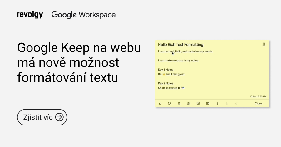 Ukázka z Google Keep nově možnost formátování textu na světlém pozadí
