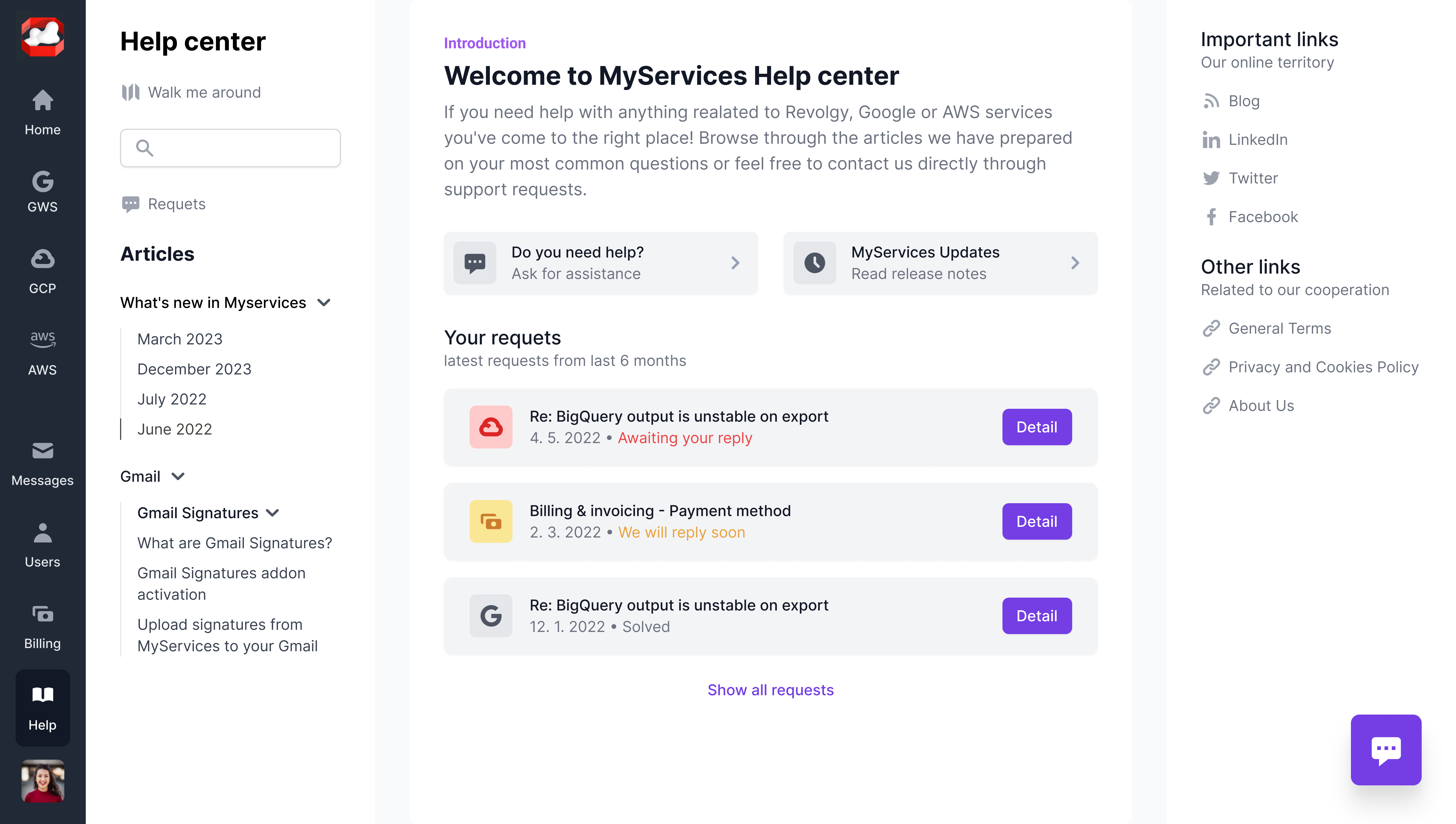 revolgy myservices Help - Landing Page