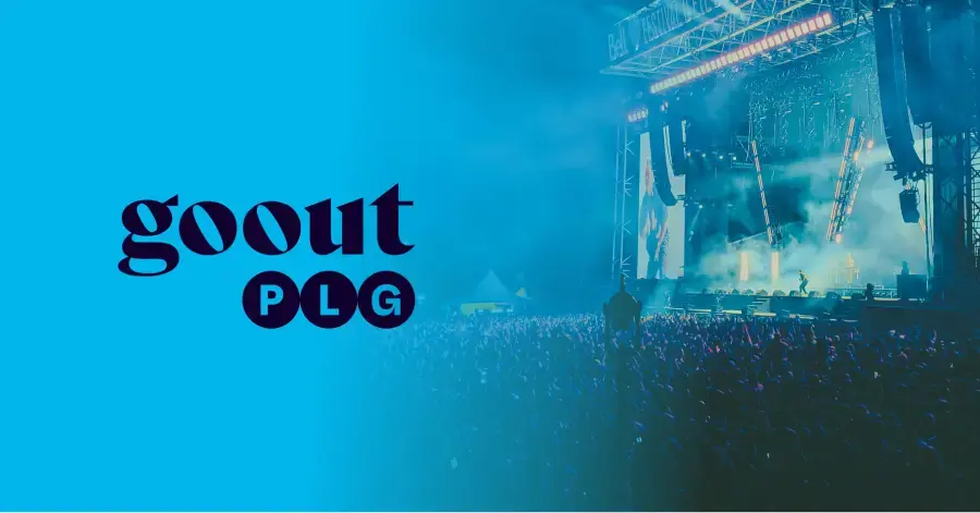 Goout logo on a blue background with a photo from a concert